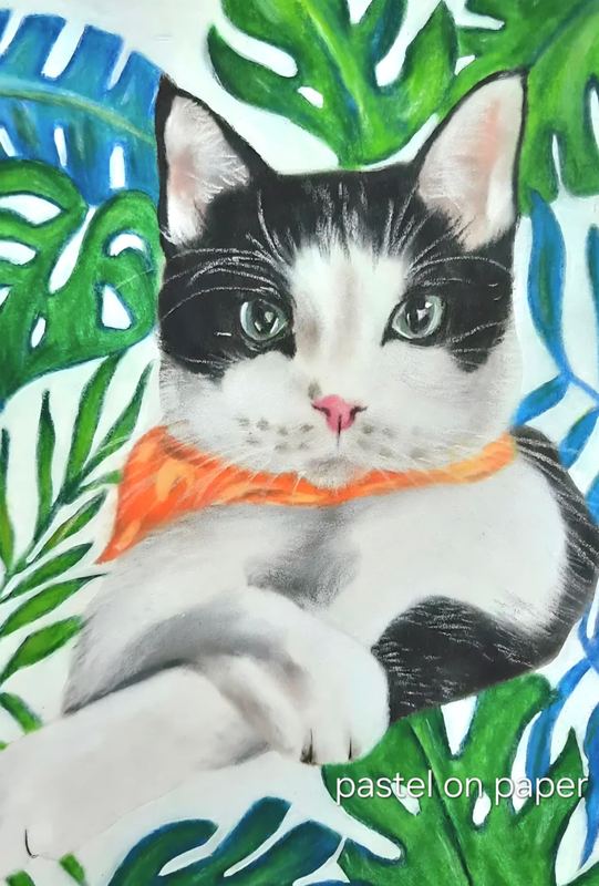 Pastel portrait of a cat among leaves