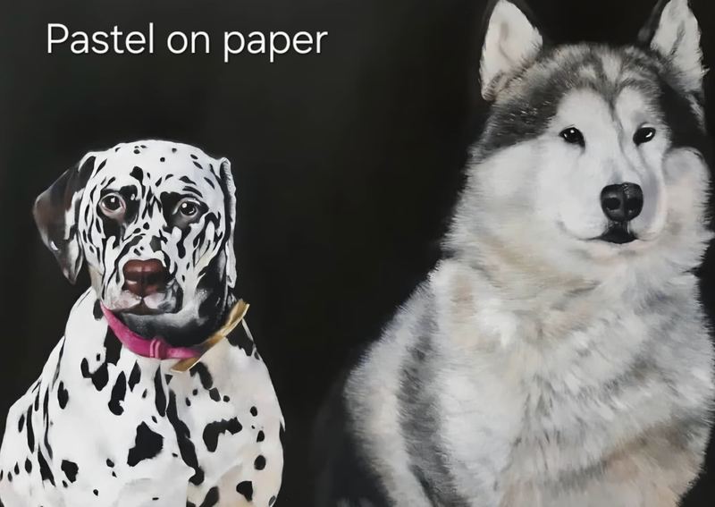 Pastel portrait of a dalmatian and a husky