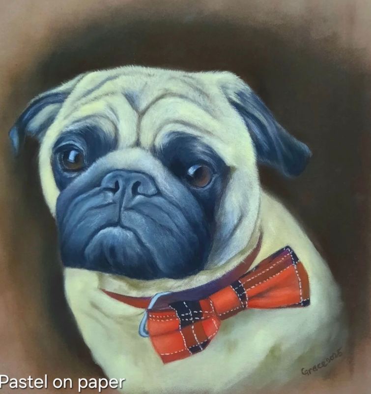 Pastel portrait of a pug in a bow tie