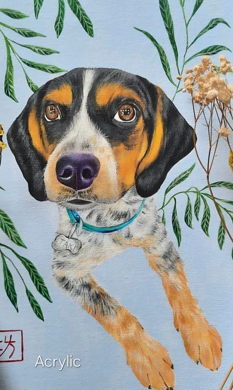 Acrylic portrait of a dog among leaves