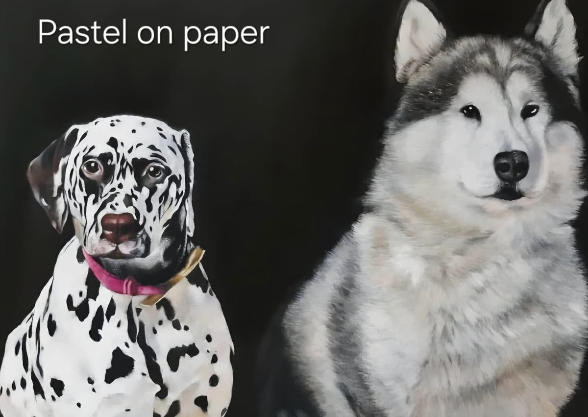 Pastel portrait of a dalmatian and a husky